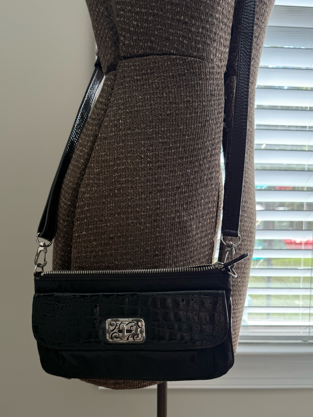Brighton Black Croc-Texture Crossbody with Silver-Tone Accent